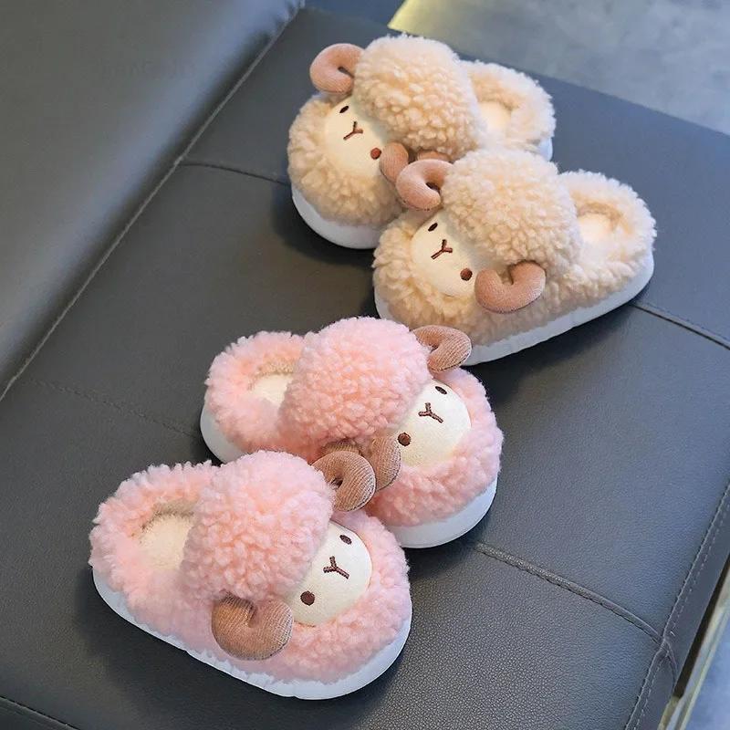 Winter Children Cotton Slippers Boys Girls Warm Anti Slip Home Slipper Fashion Cute Cartoon Alpaca Kids Parent-Child Plush Shoes