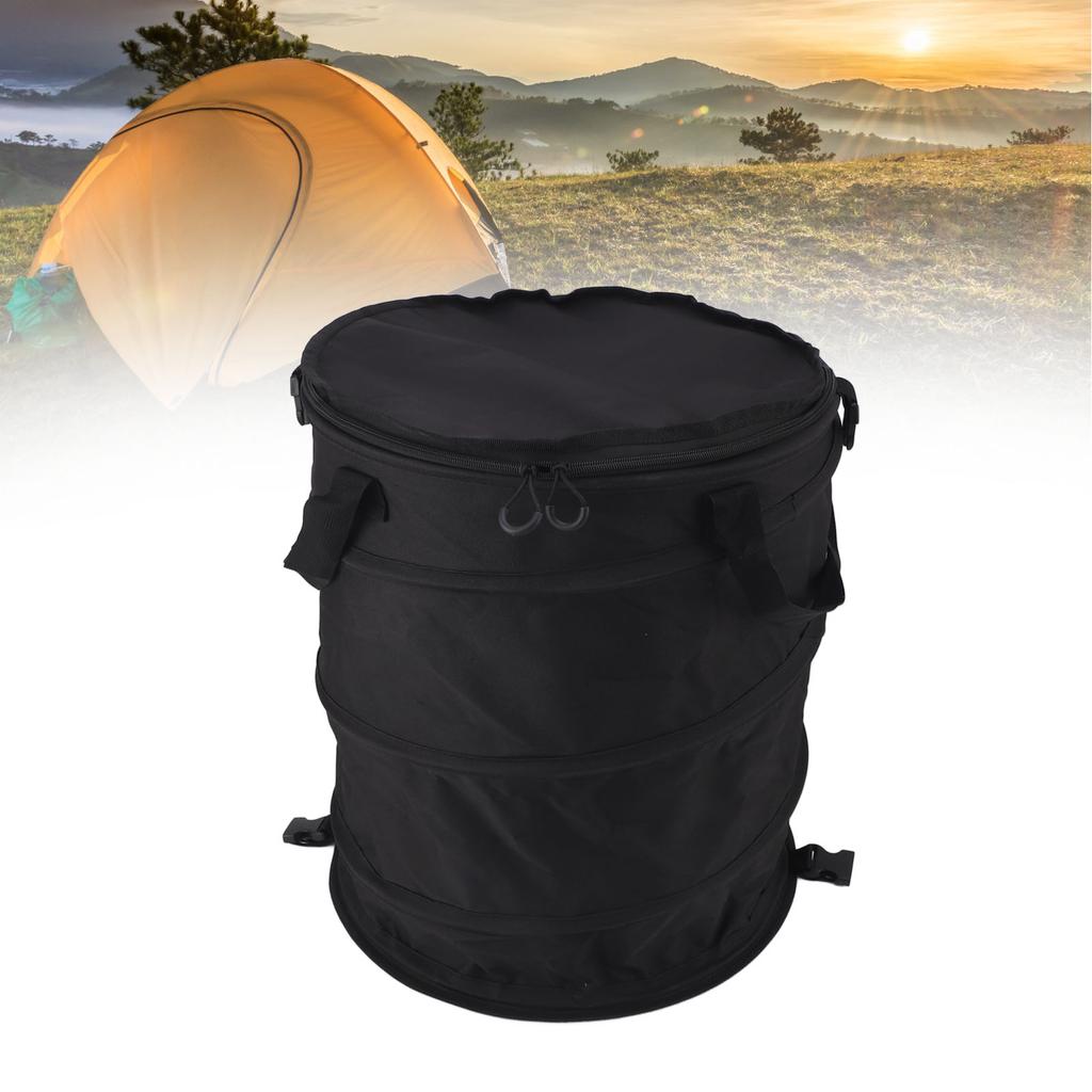 Collapsible Trash Can Reusable Oxford Cloth Portable Foldable Waste Bag with Handles for Camping Garden Black