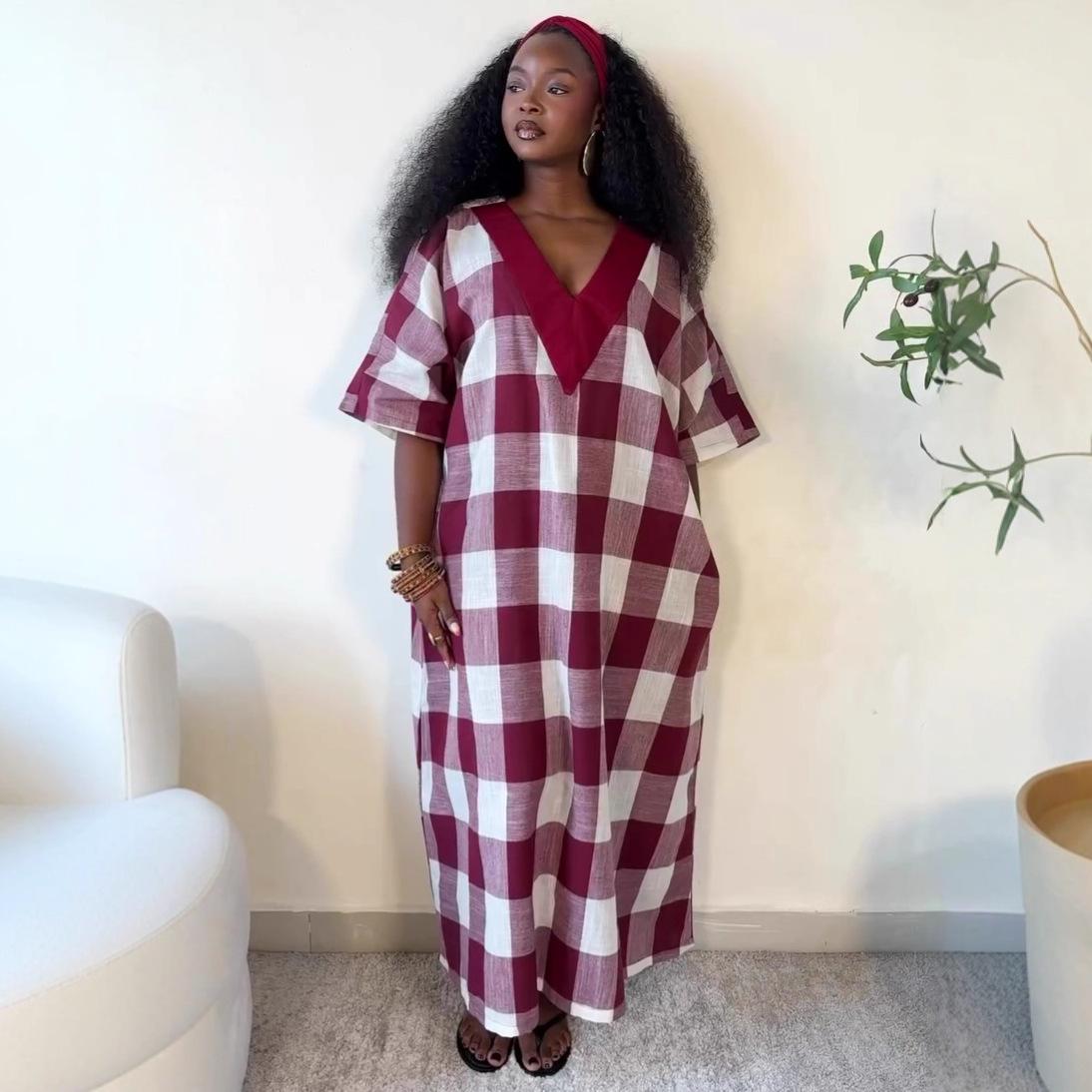 European and American foreign trade plaid women s mid-length dresses, African African short-sleeve plus-size women s long dresses S