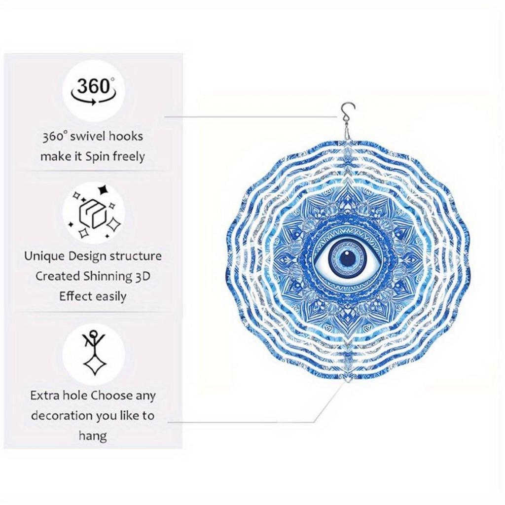 Evil Eye Wind Spinner 3D Metal Garden Decor Blue and White Design for Patio Yard Outdoor Thanksgiving Christmas Holiday No Power Needed