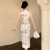 Women's national style printing improved cheongsam split fork thin dress