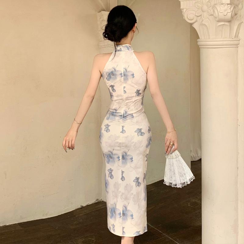 Rochie subțire cu furou despicat, cheongsam îmbunătățit cu imprimeu în stil național pentru femei