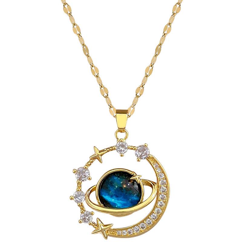 Titanium Steel Starry Sky Planet Diamond Necklace - Luxurious Clavicle Chain for Women