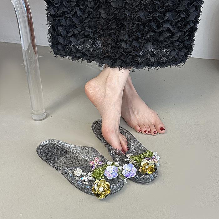 

Пляжные желеобразные туфли, полые туфли-лодочки на плоской подошве, хрустальные туфли принцессы, мягкая подошва, модные сандалии на одном ремешке, цветочные дождевые туфли 41 чёрный