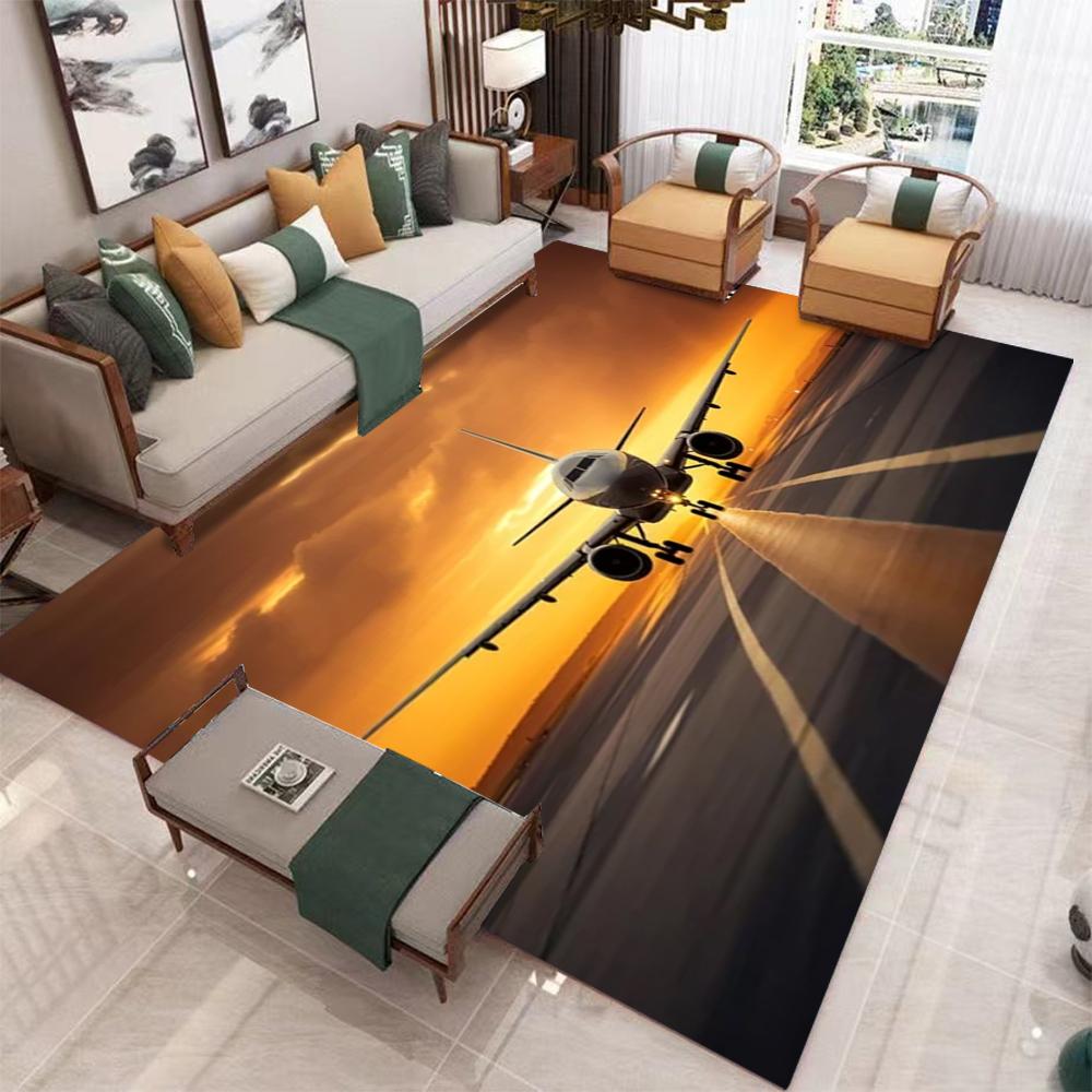 Large Airplane Taxiing on Runway Carpet with Orange Yellow Sky Living Room Area Rug Match Light Gray  Home Decoration Ma