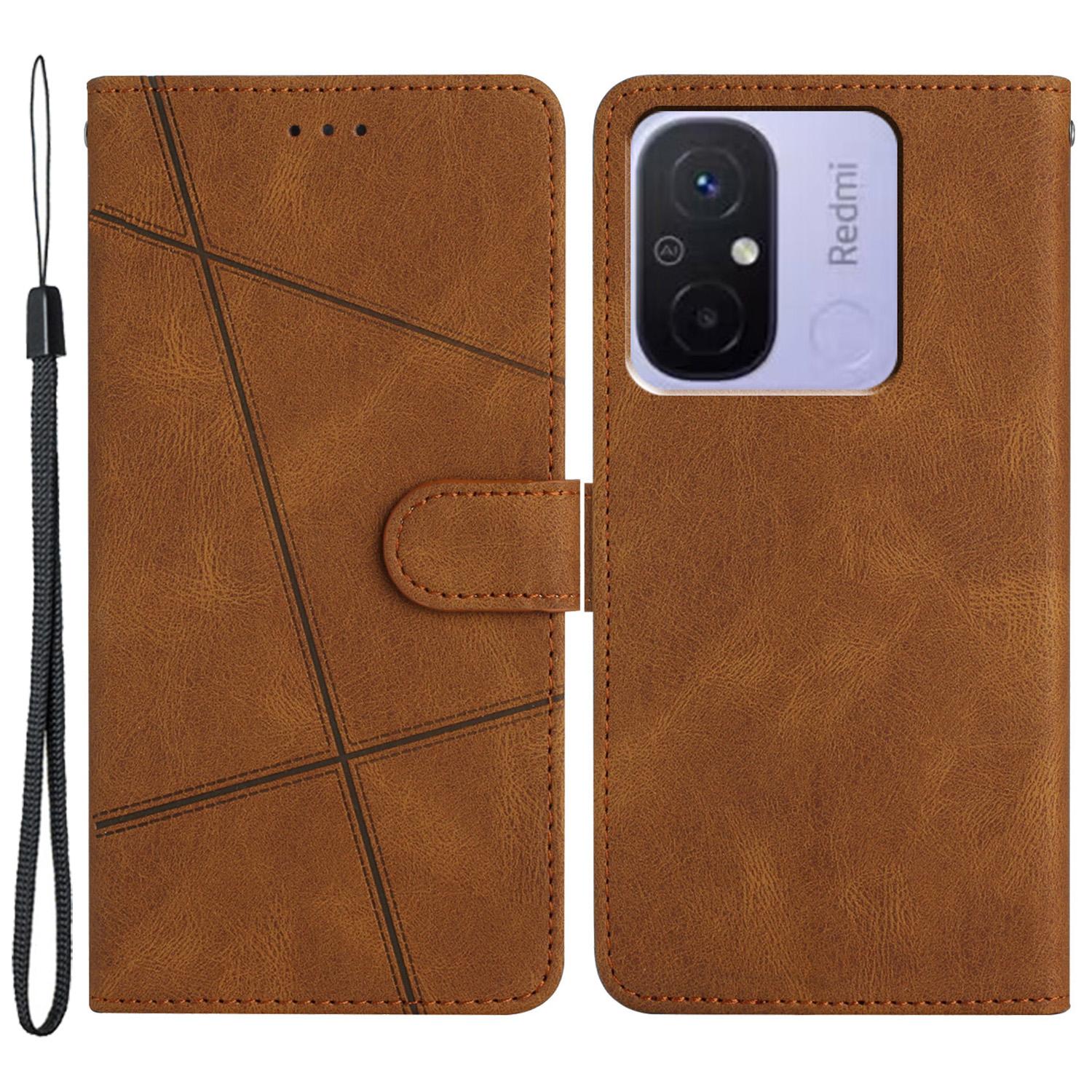 

For Xiaomi Redmi 12C 4G Imprinted Lines Wallet Leather Phone Case Crazy Horse Texture Stand Cover Brown