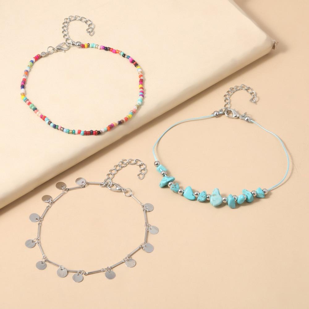 Accessories Bohemian Colored Rice Bead Anklet, Creative Metal Disc Pendant Anklet