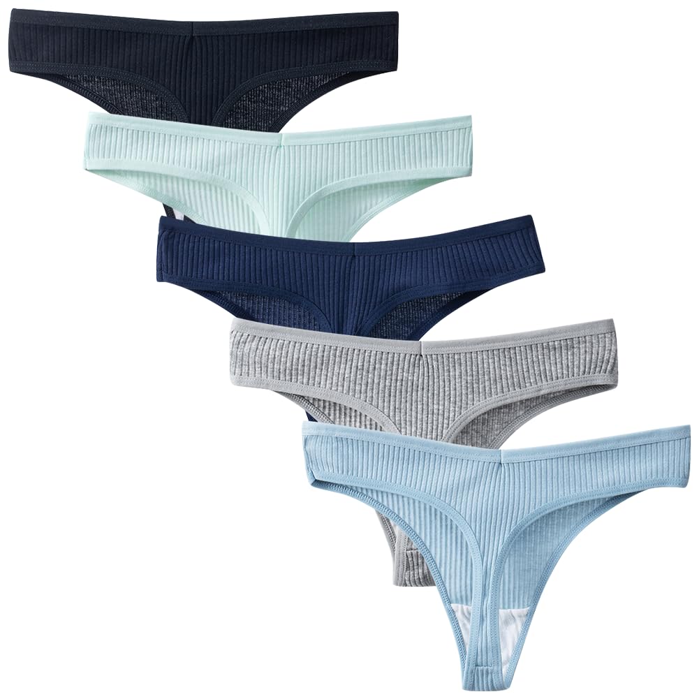 TUOTISI Cotton Ribbed Knit Stretch Comfortable Sexy Underwear Bikini Tanga Smooth Women's T-Back Panties, Non-Slip Skin, 5-Pack (Size L)
