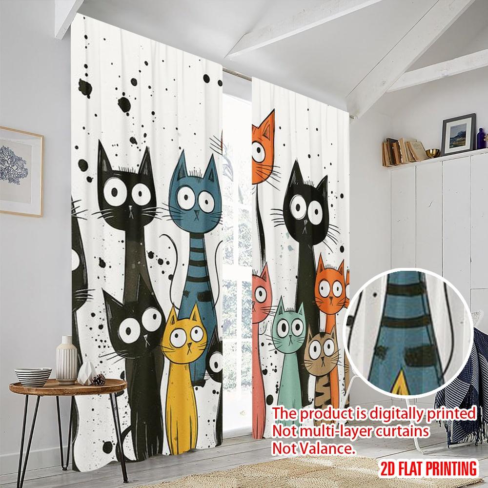 2pcs,2D Plane Printing Pattern Curtains Colorful Cat Parade Polyester Fabric (without Rod) Versatile All Ldeal for Bedroom,