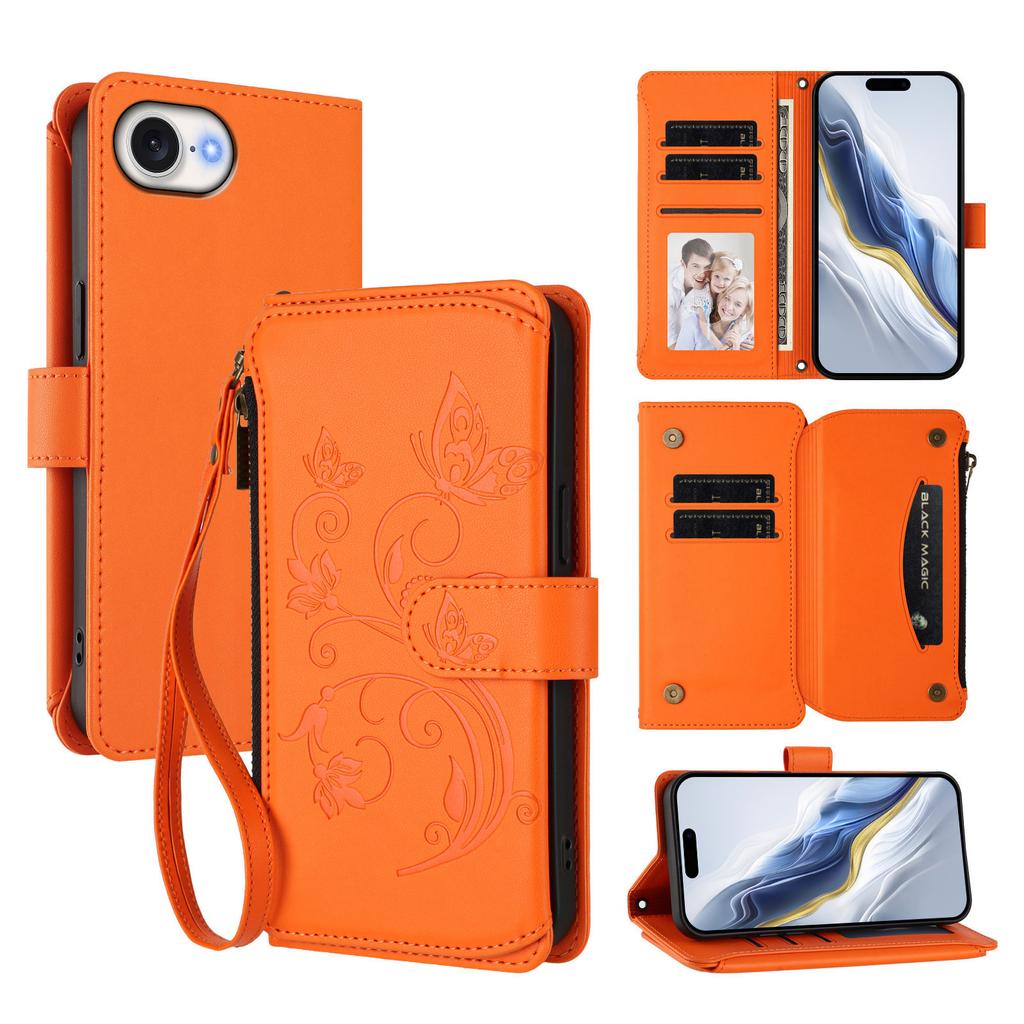 For iPhone 16e Leather Case Butterfly Floral Imprint Zipper Wallet Stand Cover with Wrist Strap
