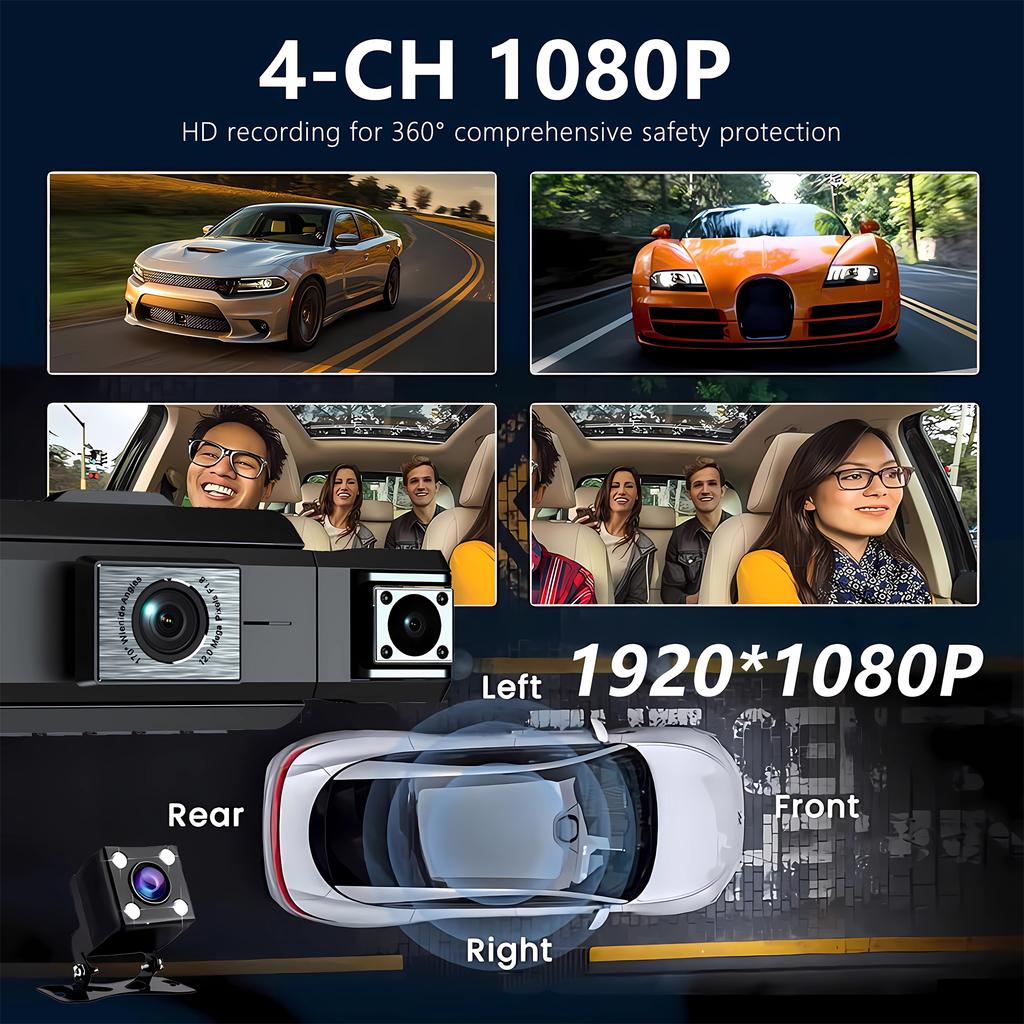 1080P Quad Dash Cam, 4-Channel 4-Screen Display, WiFi, Phone Sync, Rear View, Night Vision, Wide Angle