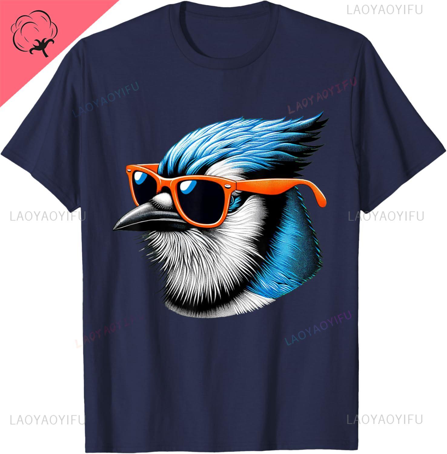 Cool Blue Jay Bird Wearing Sunglasses Graphic Art TShirt Custom Printed Graphic T Shirts Y2k Streetwear Summer Cotton  Tops S