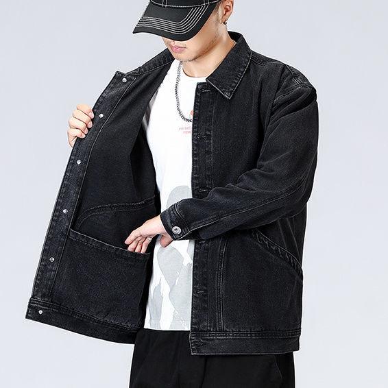Men's Black Embroidered Loose Denim Jacket - Casual Autumn Plus Size Workwear