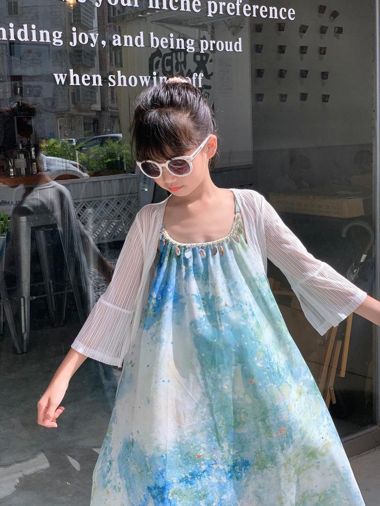 Summer Tie-Dye Mother-Daughter Seaside Vacation Dress: Loose-Fit, Slimming, Sweet French Style with Suspenders.