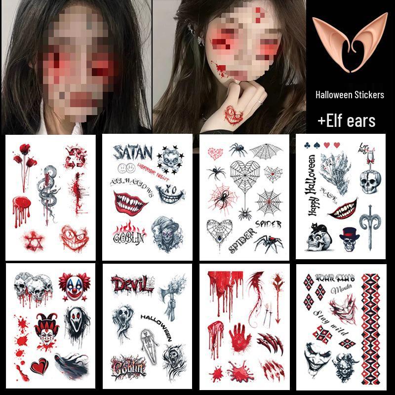 Halloween Makeup: Horror Scars, Fake Teeth, Little Tiger Teeth, and Blush Tattoo Stickers for Party Decoration