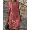 Vintage Print Women Summer Casual V-neck A-line Beach Dress Slim MIDI Loose Top Five-sleeve Artsy Temperament Skirt