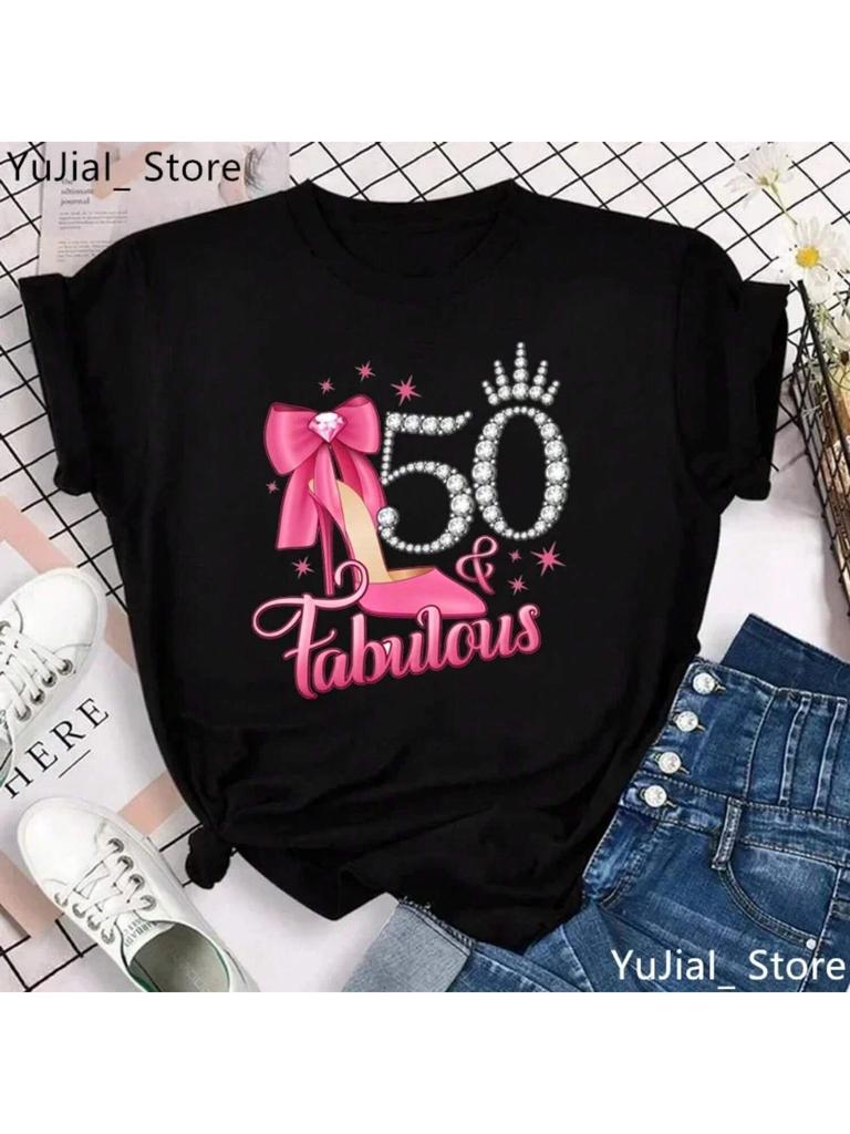 50 Favolosa T-shirt con Stampa Grafica Donna Scarpe Rosa Alte Corona Regalo di Compleanno T-shirt Femme Grigio Verde Giallo Nero T-shirt