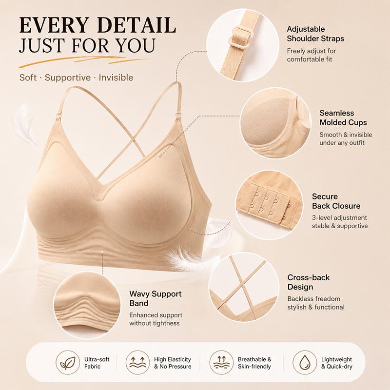 FINETOO Seamless Wave Support Band Bralette Skin Friendly Soft Breathable Push Up Bra Cross Back Invisible Daily Sleep Brassiere