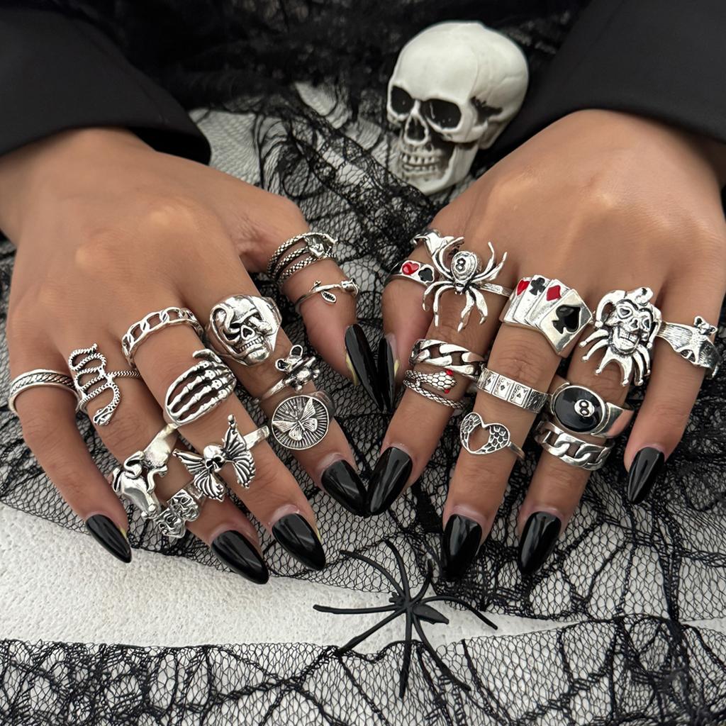 Ingemark Halloween Goth Skull Spider Snake Rings Set for Men Vintage Silver Color Big Size Rings Unisex Festival Party Jewelry