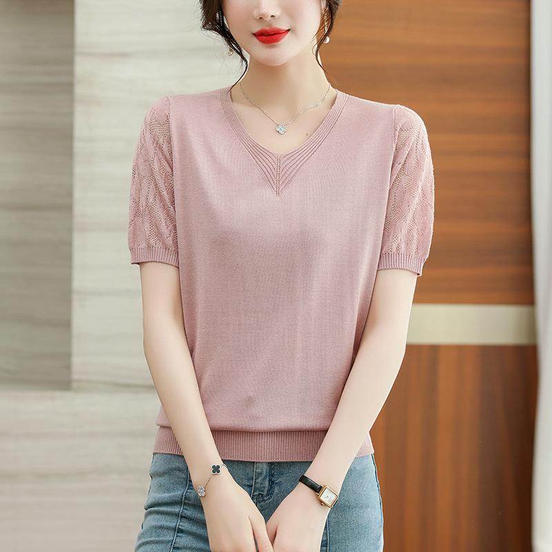 Sommer dünnes V-Ausschnitt Spitze elegantes Damen T-Shirt Allround