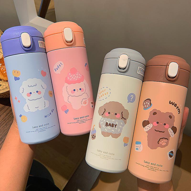 "Cartoon Stainless Steel Thermos with Straw - Cute, Portable, Leak-Proof, Lockable Winter Water Cup for Students."