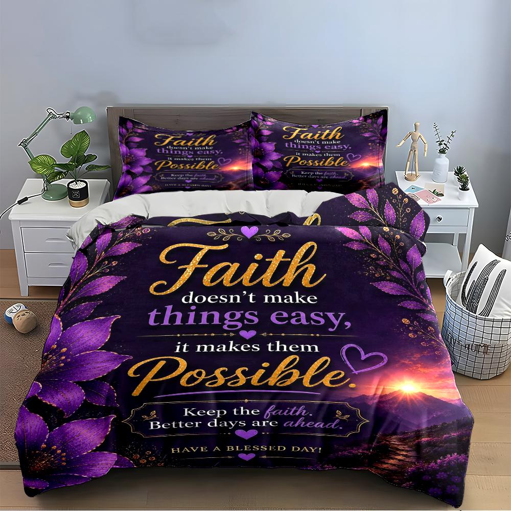 Faith-Inspired Purple Floral Bedding Set Bedding set (1 duvet cover, 2 pillowcases, duvet not included)
