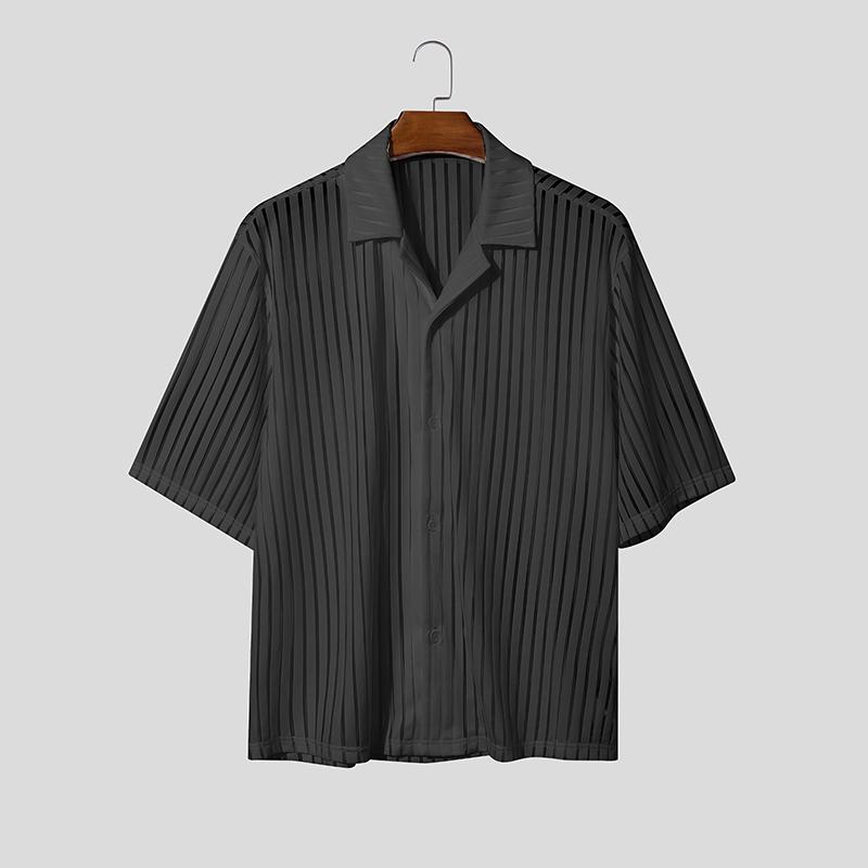 INCERUN Summer Men Lapel Short Sleeve Striped Mesh Sheer Shirts Tops
