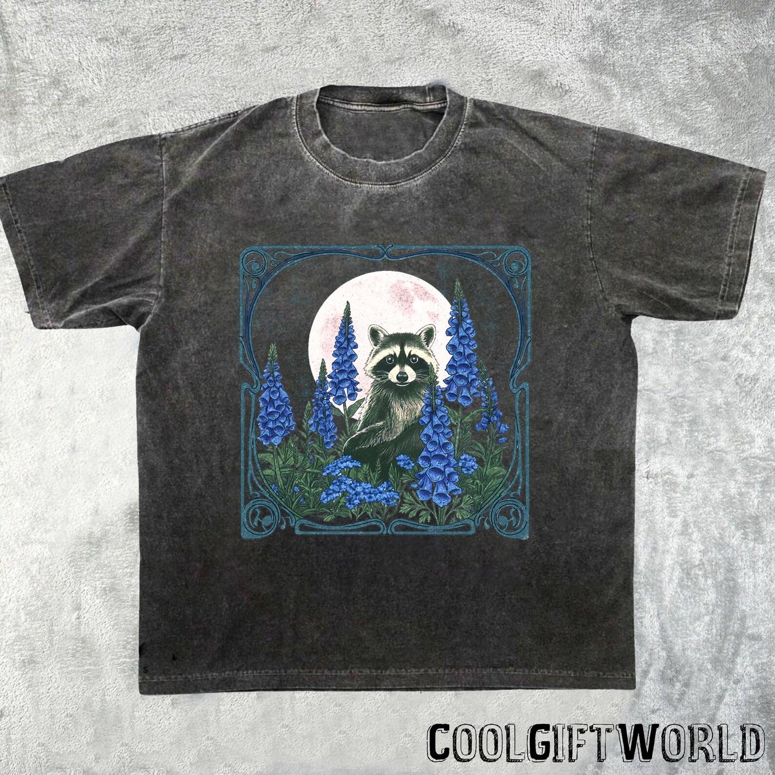 Racoon Crescent Moon T-Shirt, Animal Lover Tee, Floral Night Sky Shirt 3XL