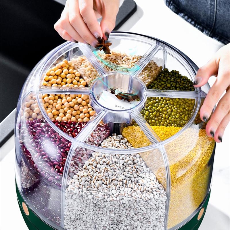 Household Grains Storage Container with 6 Unit Convenient Dry Cereal Organizers Bucket Sealed Rotating Rice Dispenser
