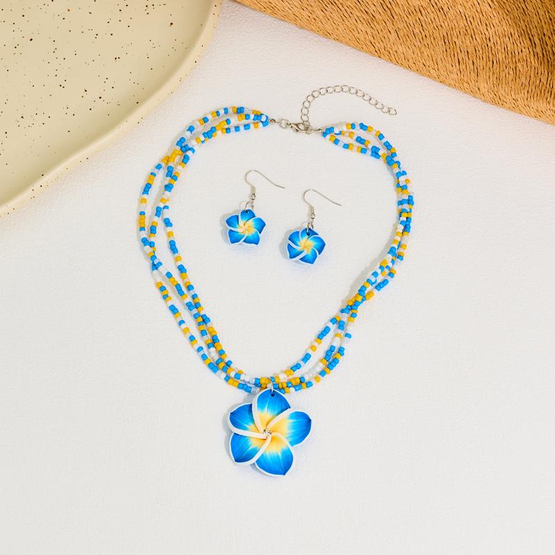 Polymer Clay Flowerwomen Jewelry Set Cute  Seaside Beach Colorful Flower Earrings Girls Sweet Beaded Chain Necklace Girl