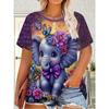 European and American Summer Elegant Women's Top 3D Printed Fresh Flower Elephant Pattern Round Neck Short Sleeve T-shirt Summer Outdoor Clothing