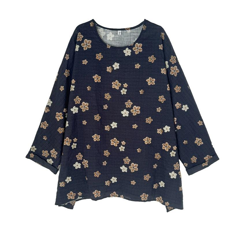 long sleeve Oversized cotton vintage floral Casual loose t shirt tops Women spring autumn t-shirt