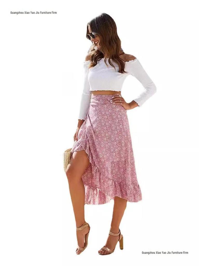 Women's Chiffon Floral Print Irregular Tie-Up Slit Half-Skirt