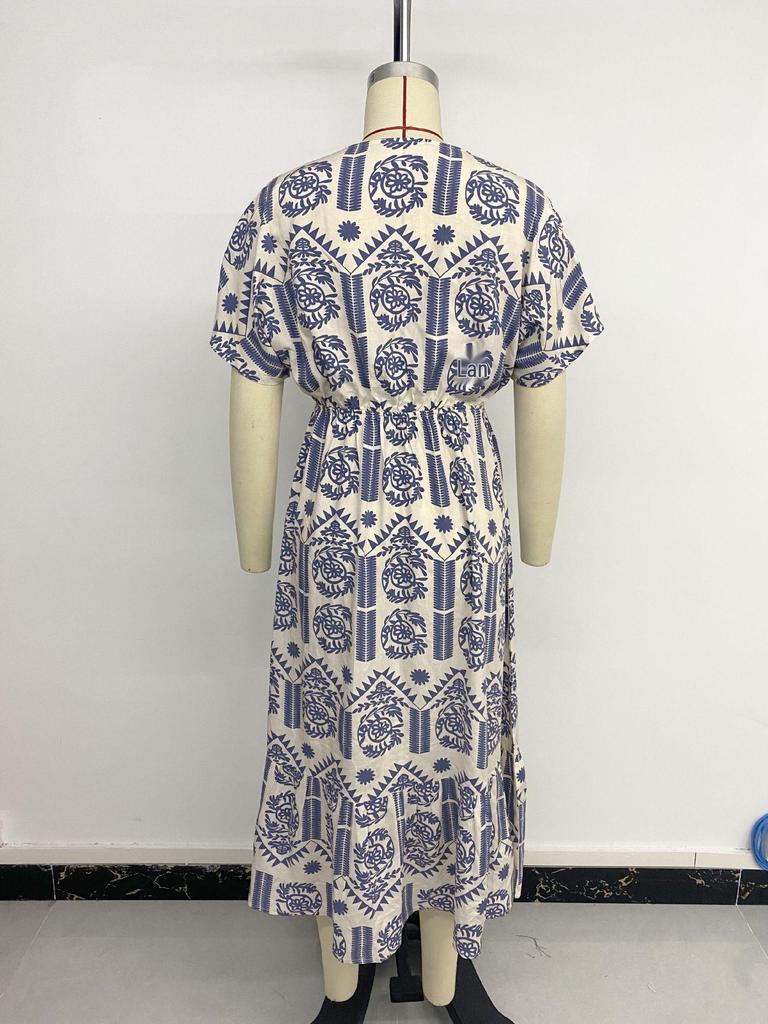 2025 Summer Ethnic Print V-Neck Short Sleeve Dress