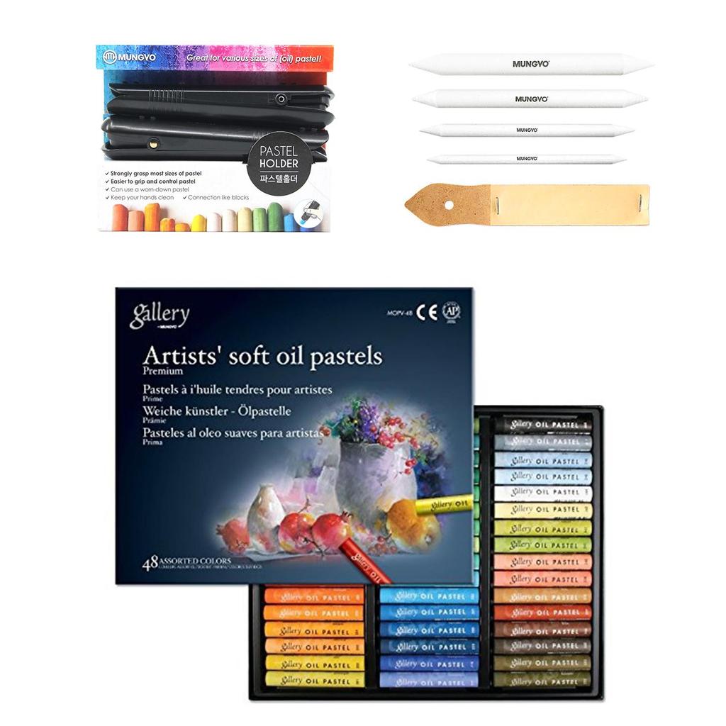 Mungyo Galerie Měkké olejové pastely s držákem na pastely, pahýly Tortillon, brusné papíry, SADA kreslících materiálů (balíček 48 barev)