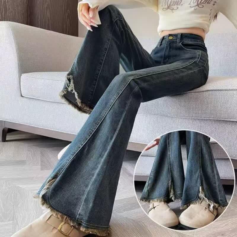 American Retro Plus Size Velvet Flare Pants - Korean Style Frayed Edge Jeans for Stylish Women M