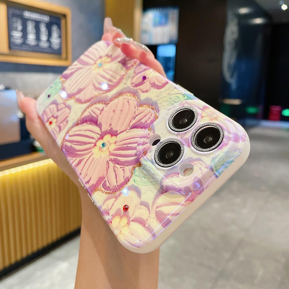 Fashion Blue Pink Purple flowers Pattern Phone Case with lens protective film For iphone 15 14 13 12 Pro Max 11 15plus 12pro Soft silicone Back Cover