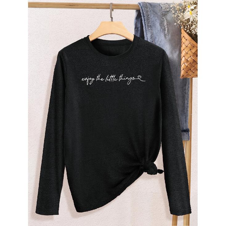 Women s Long Sleeve Tee with  Enjoy the small things  Letter Print, Soft & Stretchy, Opaque Fabric, Perfect for Daily Wear S чёрный
