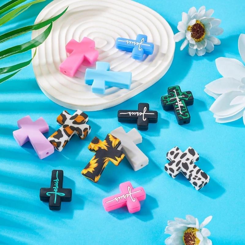 12Pcs Silicone Crosses Shaped Beads Leopard Colorful Print Loose Silicone Beads for Adult Necklaces Jewelry Making