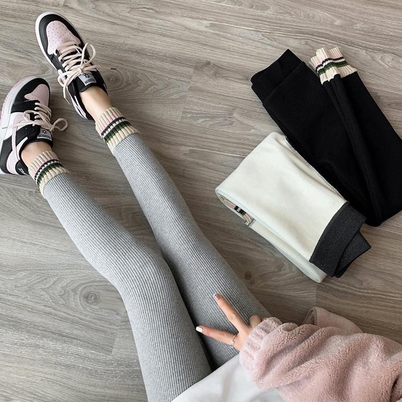 Lamb Wool Leggings Women's Outer Wear Fleece Thickened Autumn and Winter Collision Color Mouth Warm Cotton Pants Gray High-waisted Long Johns