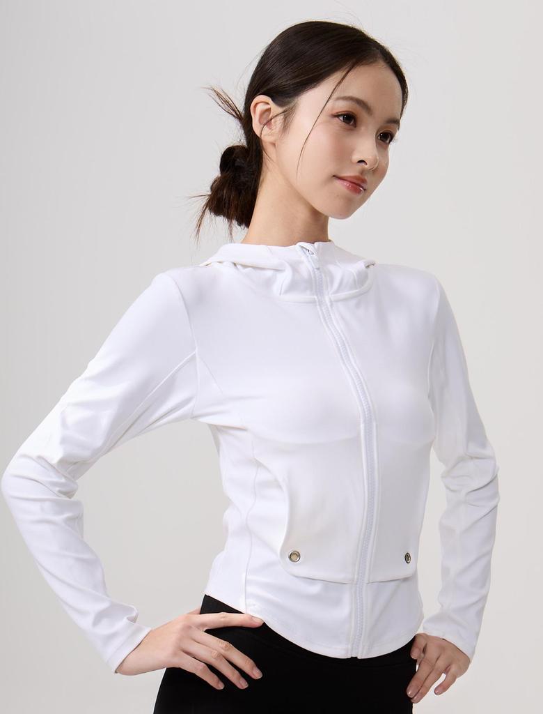 Lu Chuan Slim Fit Hooded Yoga Jacket with Waistband Pocket and Zipper.
