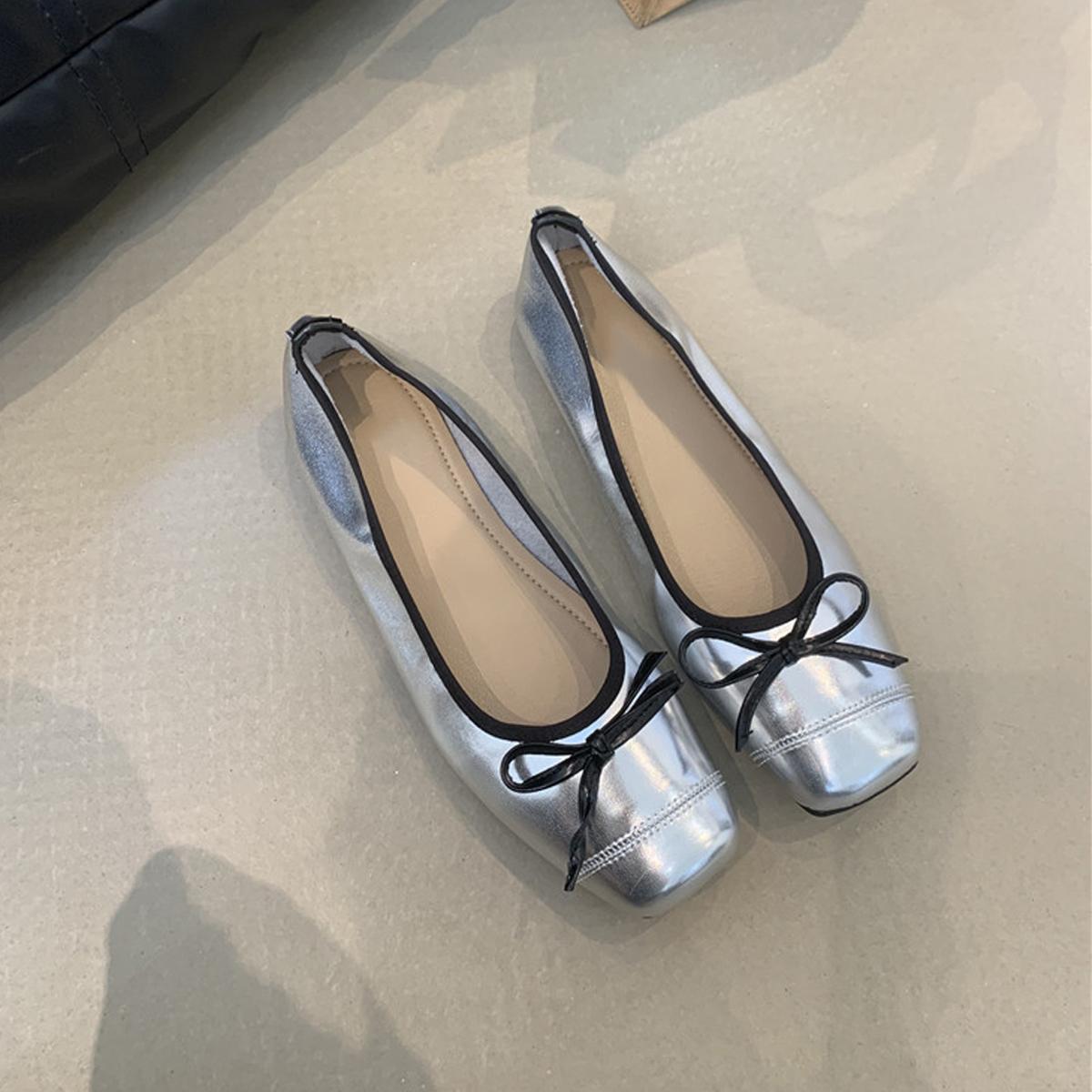 

Lan Cabinet Edition~ French Xiaoxiangfeng Bow Light Mouth Ballet Single Shoes Women s Versatile Square Head Gentle Flat Granny Shoes 35 серебряный
