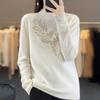 Rhinestone Wool Sweater for Women, Autumn/Winter Collection: Half-High Neck, Knitted, Long & Loose Fit.