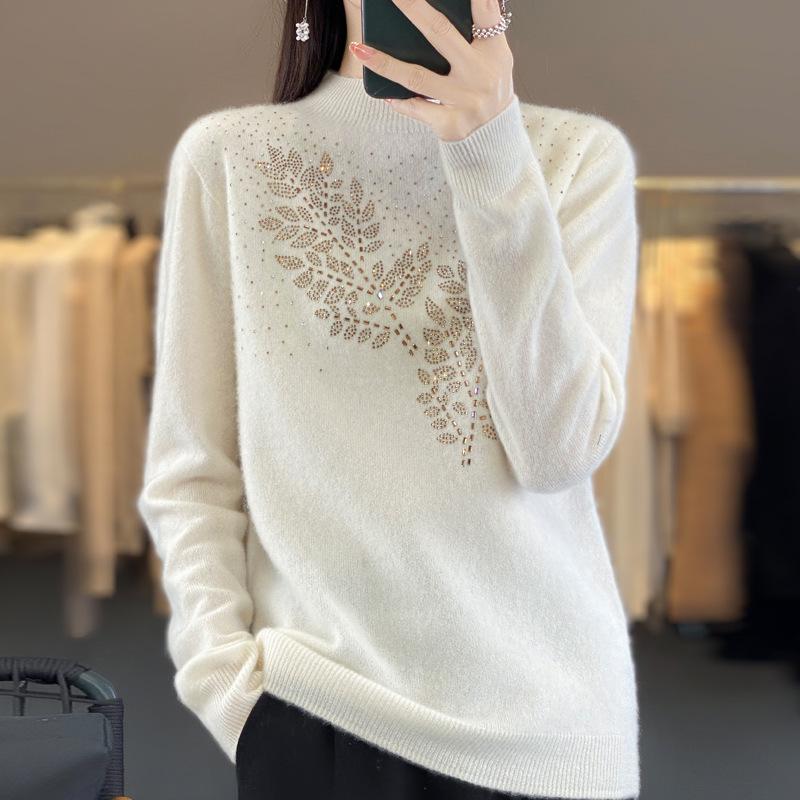 Rhinestone Wool Sweater for Women, Autumn/Winter Collection: Half-High Neck, Knitted, Long & Loose Fit.