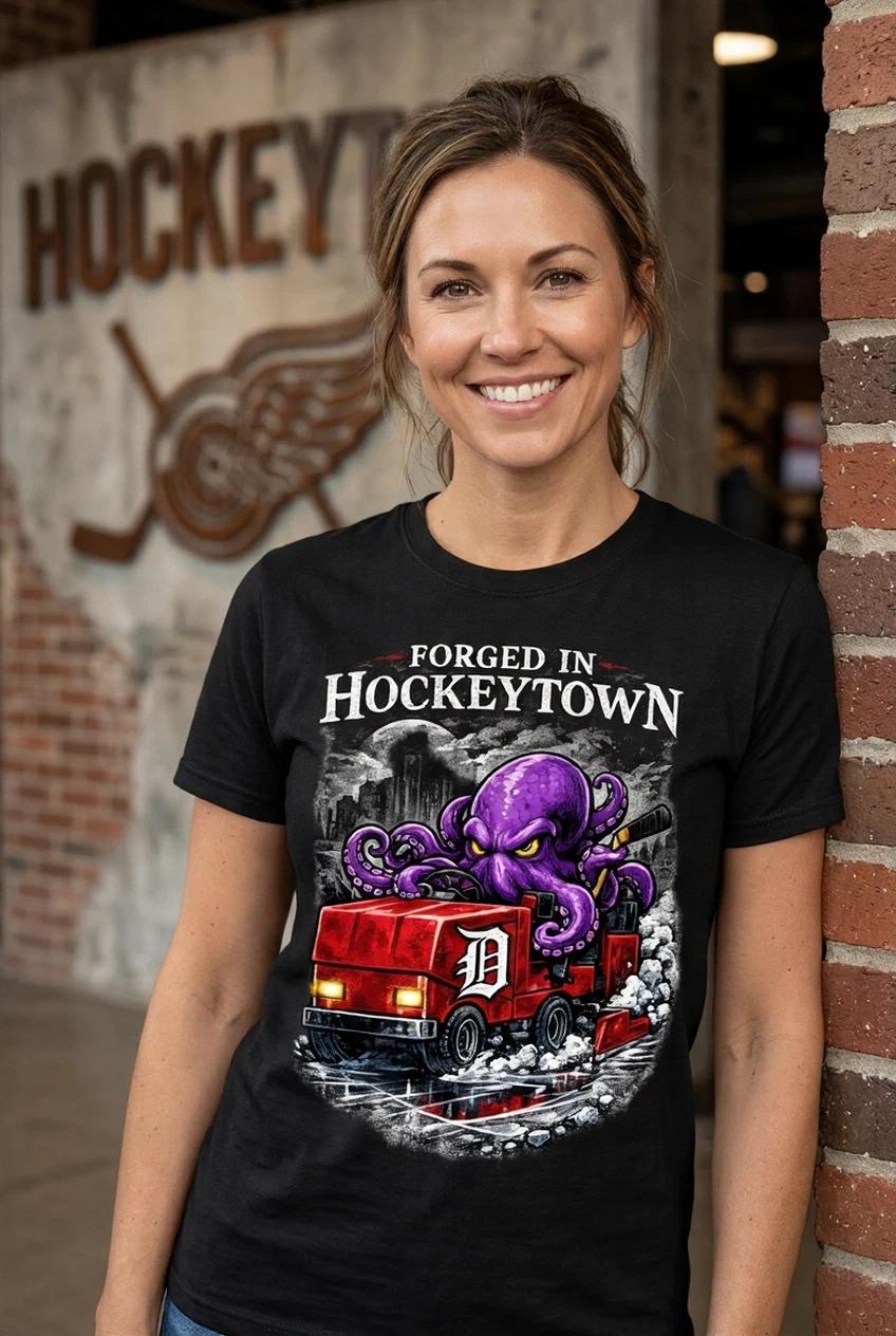 

Forged in Hockeytown Detroit Red Wings Inspired T-Shirt Octopus Zamboni Fan Tee 4XL