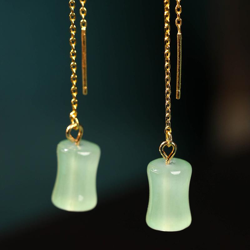 Aieryuan Design Bamboo Joint Earrings, Imitation Hetian Jade, New Chinese Style, Niche High-End Threaded Earrings.