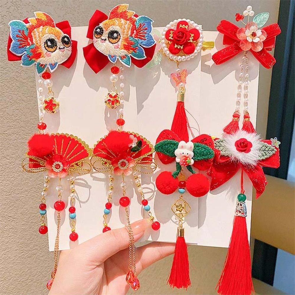 Chinese Style Red Bow Barrettes Hanfu Headwear Ancient Style Hair Clips  Kids