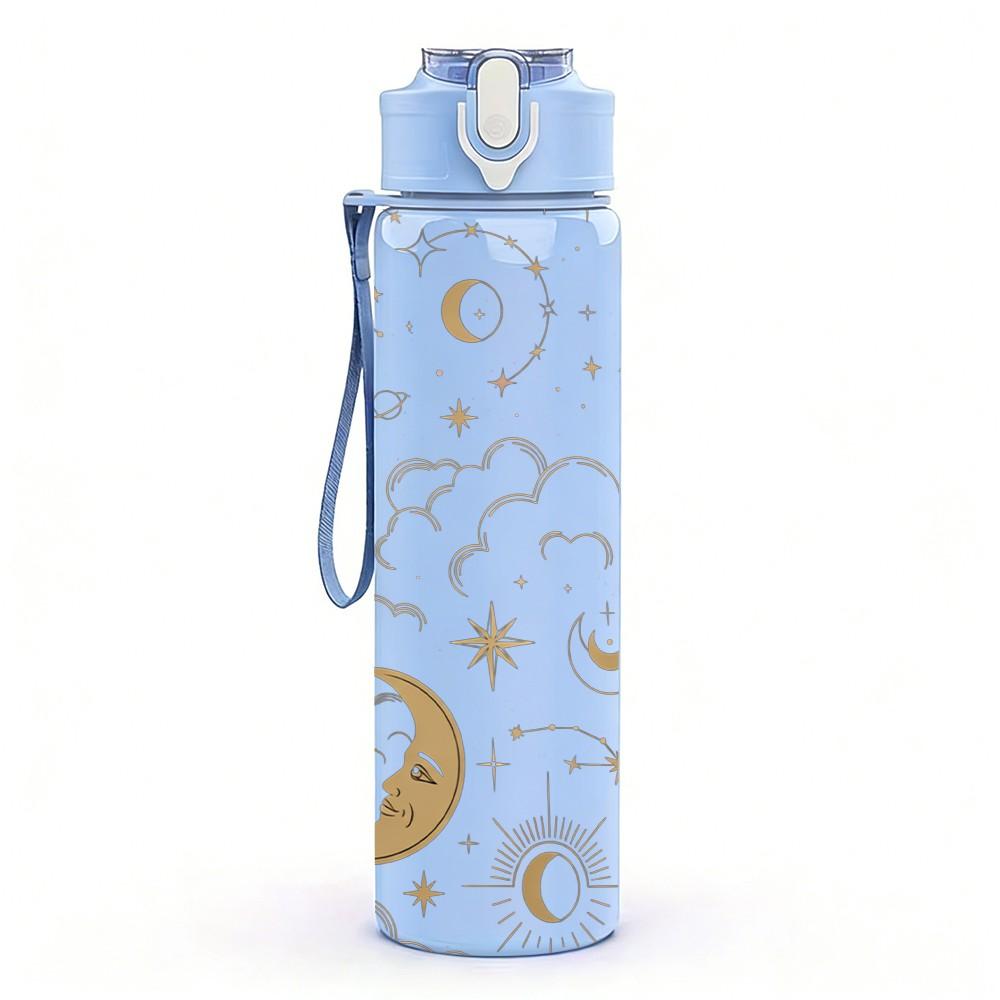 1PC Moon Star Boho Celestial Pattern Print 750ml Color Plastic Sports Water Bottle Leakproof Flip Straw Lid Suitable for Sports Office Home Use