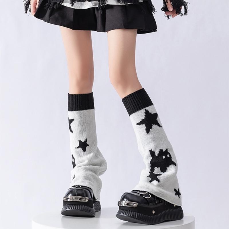 Reversible Knitted Long Tube Leg Warmers with Cute Cats Pattern for Women Punk Grunge Flared Boot Covers Footless Socks