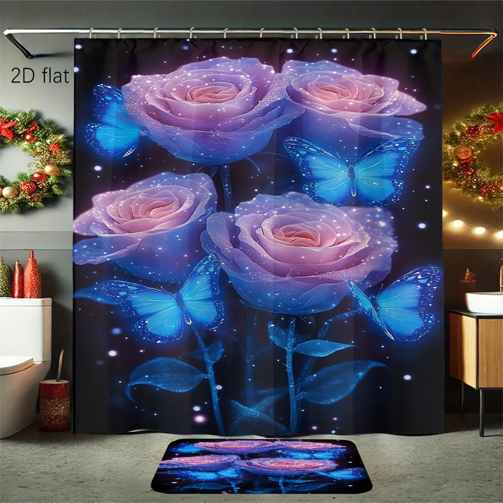 2Dflat 1pc/4pcs Fantasy Rose Butterfly Dance Print Shower Curtain Set, Decorative Bathroom Set Includes Shower Curtain, Non-Slip